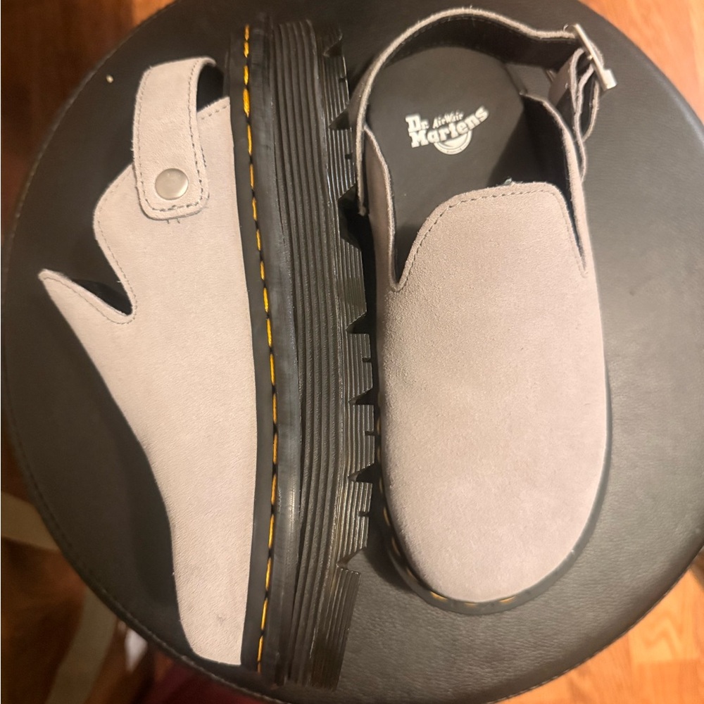 Dr. Martens Light Gray Suede Platform Slingback Clogs